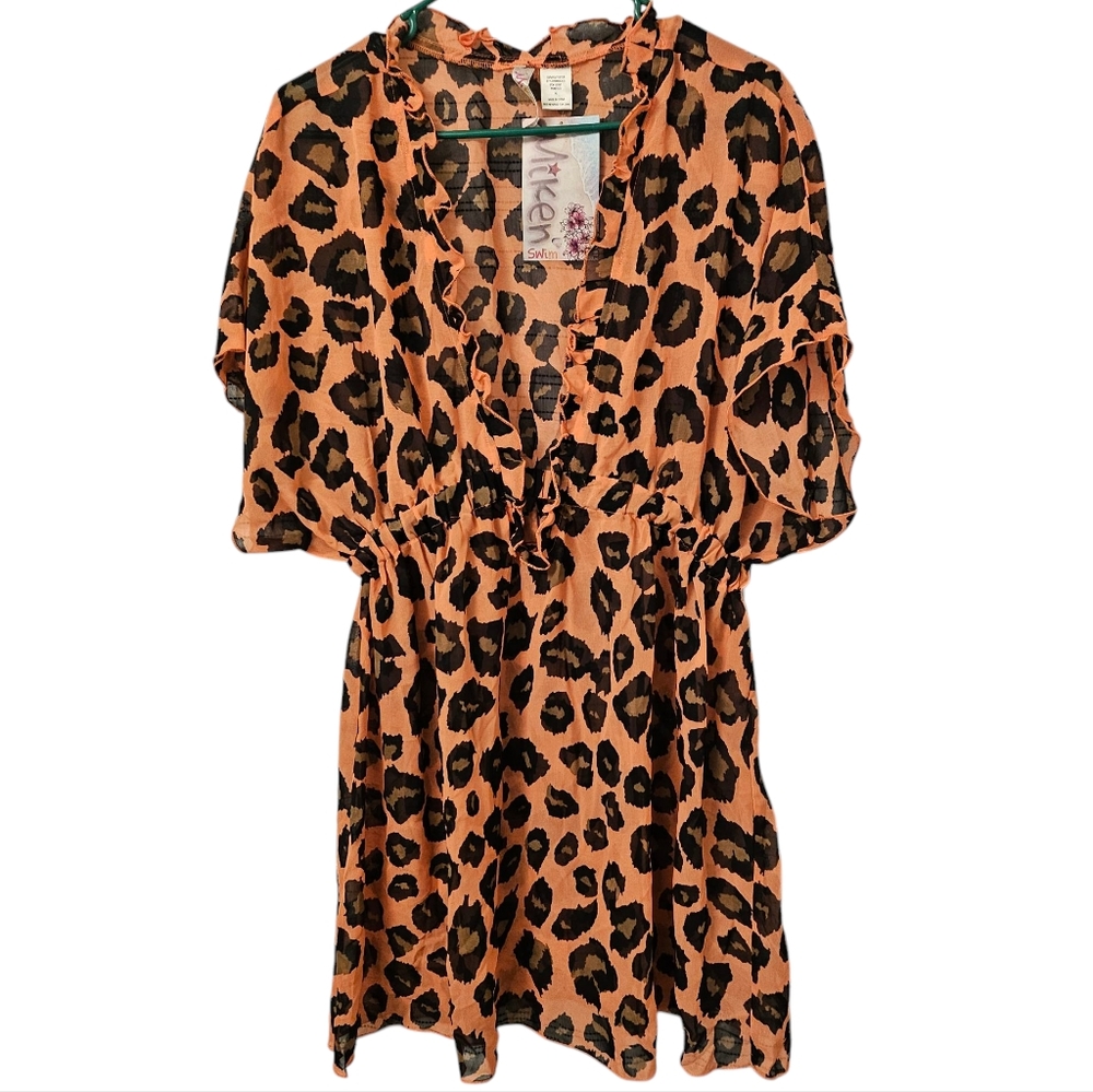 Miken Swim Animal Print Ruffle Swim Cover Up Size XL NWT